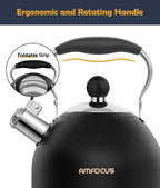 Tea Kettle, 2 Quart Stainless Steel Whistling Tea Kettle, Stovetop Whistling Teakettle Tea Pots for Stove Top with Ergonomic Folding Handle, Small Teapot, Water boiler for Tea, Coffee (Black)