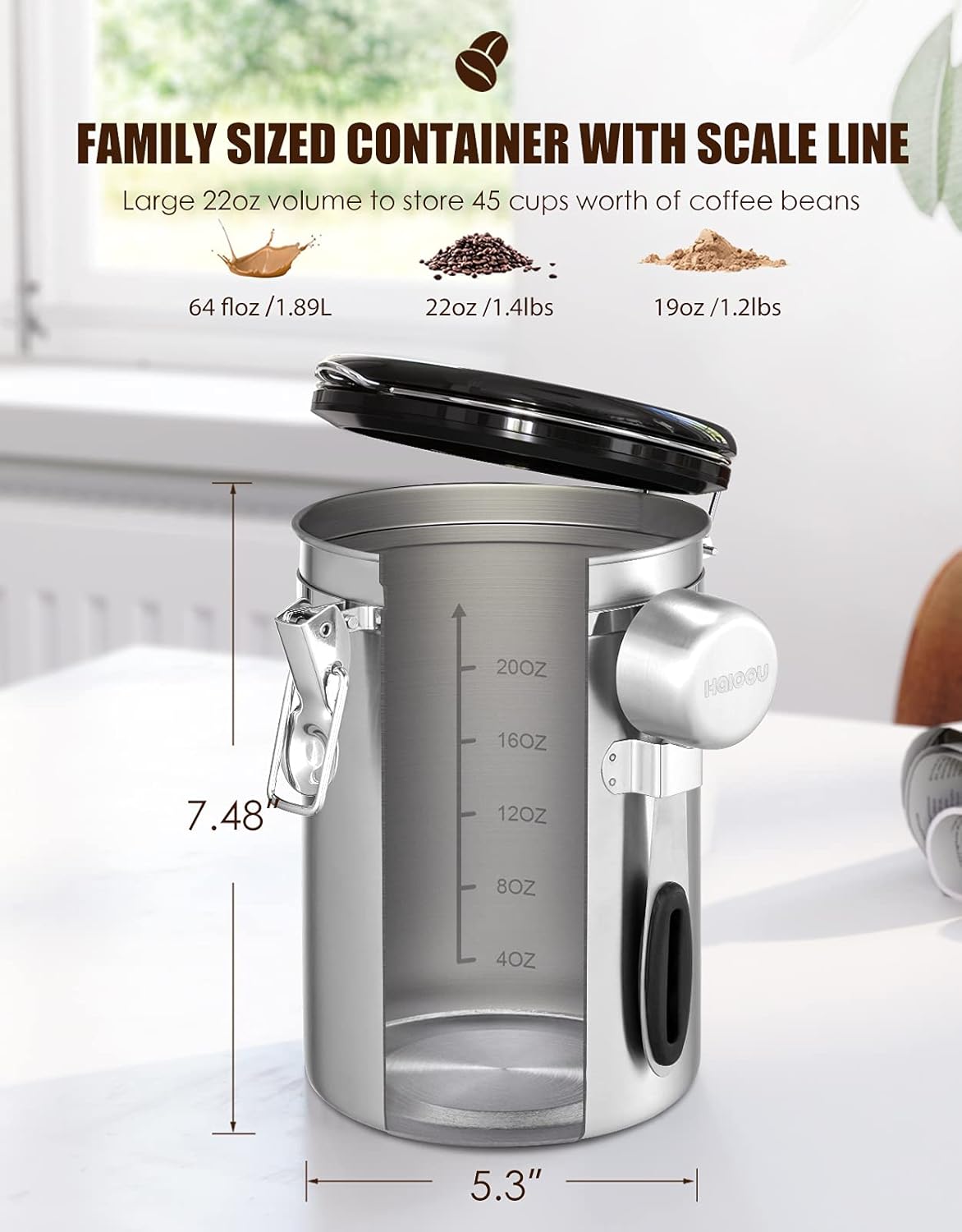 HAIOOU Airtight Coffee Canister, 16OZ Small Stainless Steel Coffee Bean Storage Container with Date Tracker, Measuring Scoop, CO2 Releasing Valves and Mini Tongs for Beans, Grounds and more - Silver