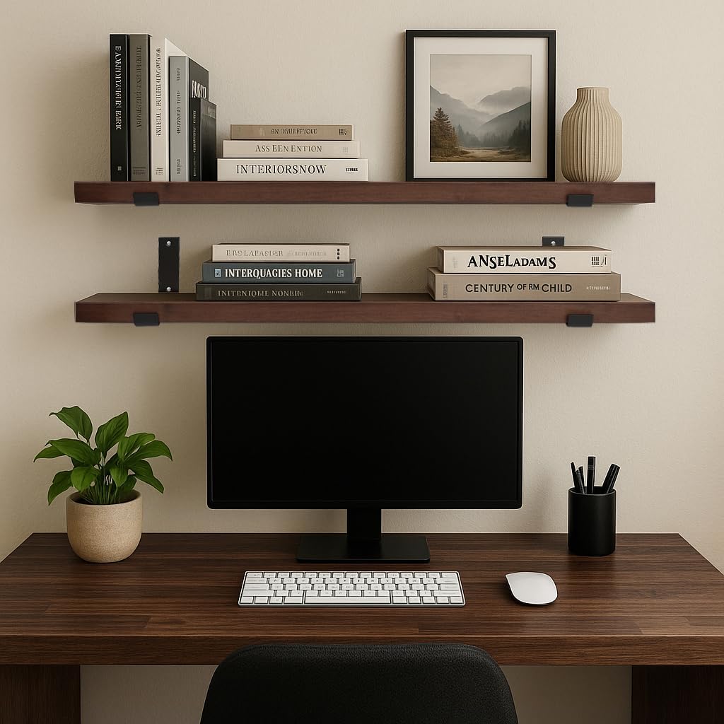 CONSDAN Floating Shelves for Wall Mounted Book Shelf Hanging Shelves Floating Bookshelf for Bedroom, Bathroom, Living Room, Kitchen USA Grown Solid Hardwood, Dark Maple 60x7.5x1.5 in (Set of 2)