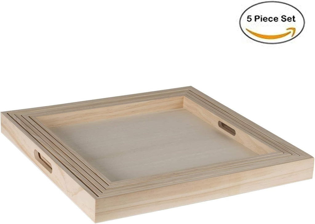 Hammont Wooden Square Trays - Five Piece Nested Serving & Organizing Trays - Rustic Brown Solid Wood - Set of 5 (16x16x1.5", 15.3x15.3x1.5", 14.5x14.5x1.4", 13.75x13.75x1.25", 13x13x1.1")