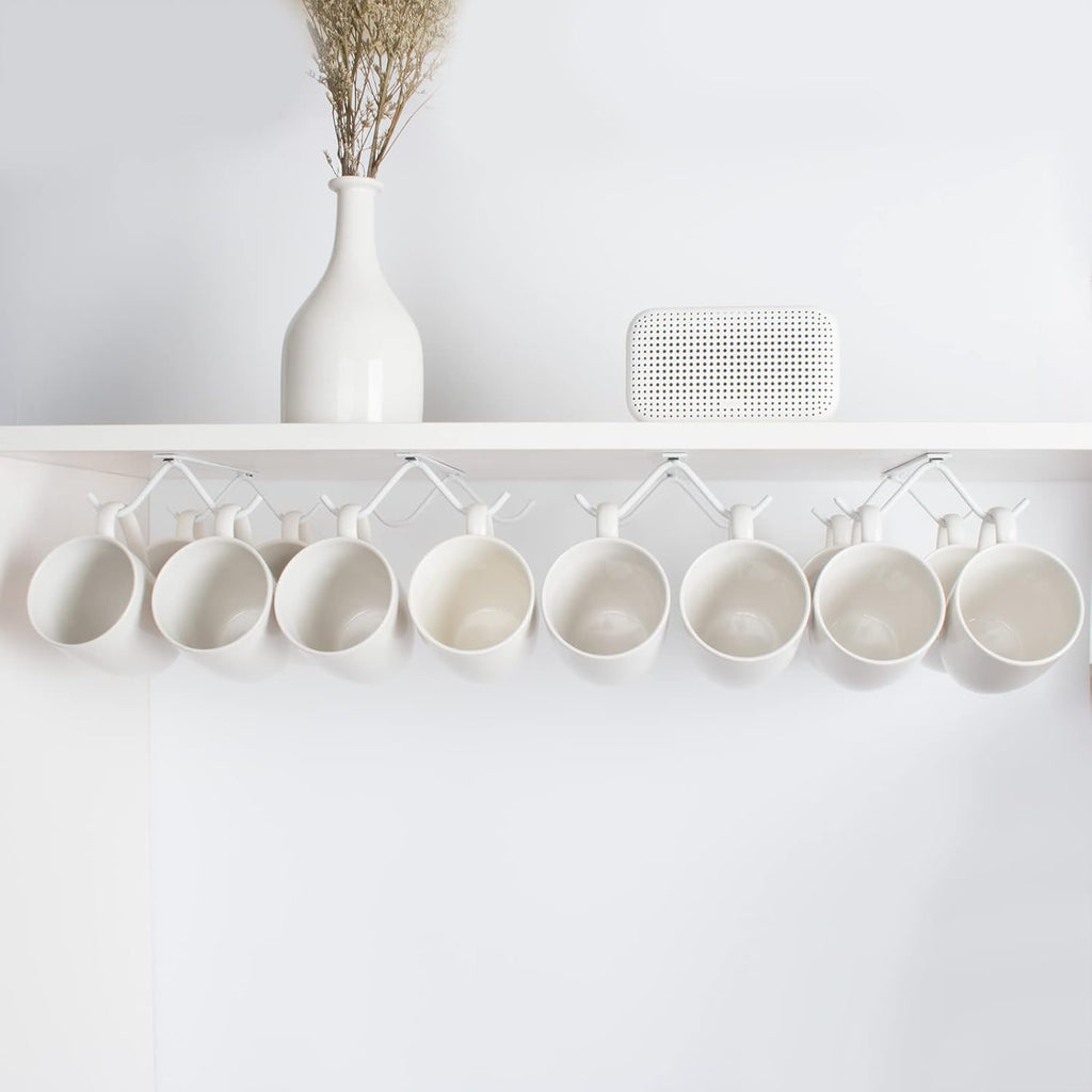 Cabinet Hook Mug Holder - Hanging Coffee Cup Rack for Kitchen, Under Cabinets Metal Hangers Organizer Shelf Storage Utensil (White)