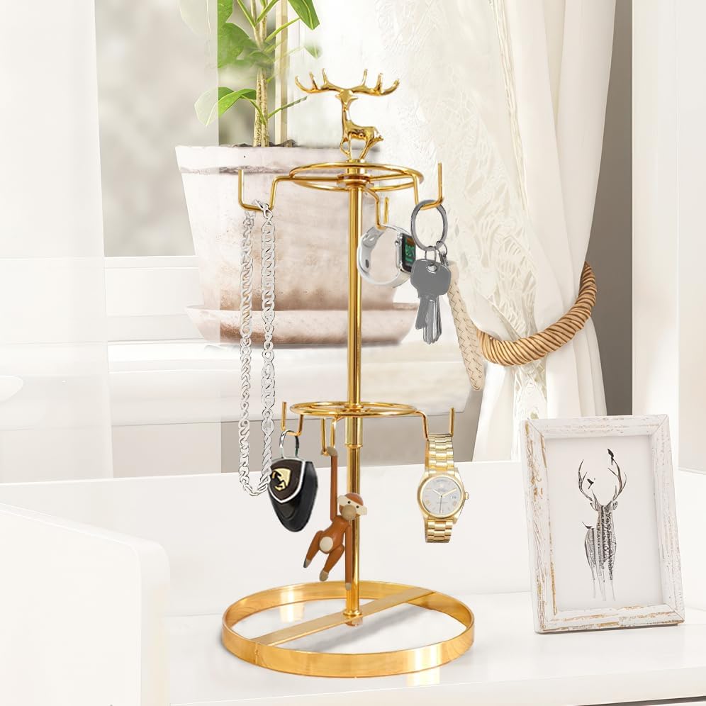 Coffee Mug Tree Holder for Counter,Double Tier Mug TeaCup Metal Holders Countertop,Coffee Mug Tea Cup Stand Rack for Counter Top 6 Hooks(Gold,Elk Deer)