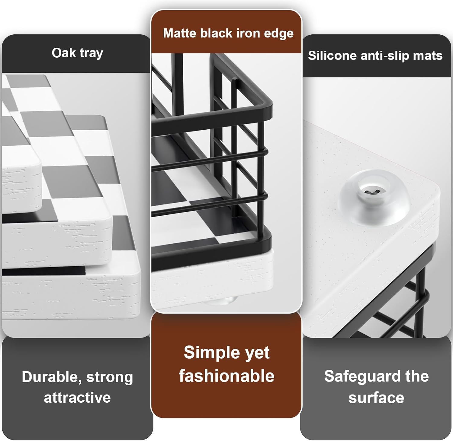 Wican Guest Towel Holder Tray for Bathroom, Oak and Iron Napkins Holder for Powder Room Dinning Table Wooden Basket for Disposable Paper Hand Towels Black and White