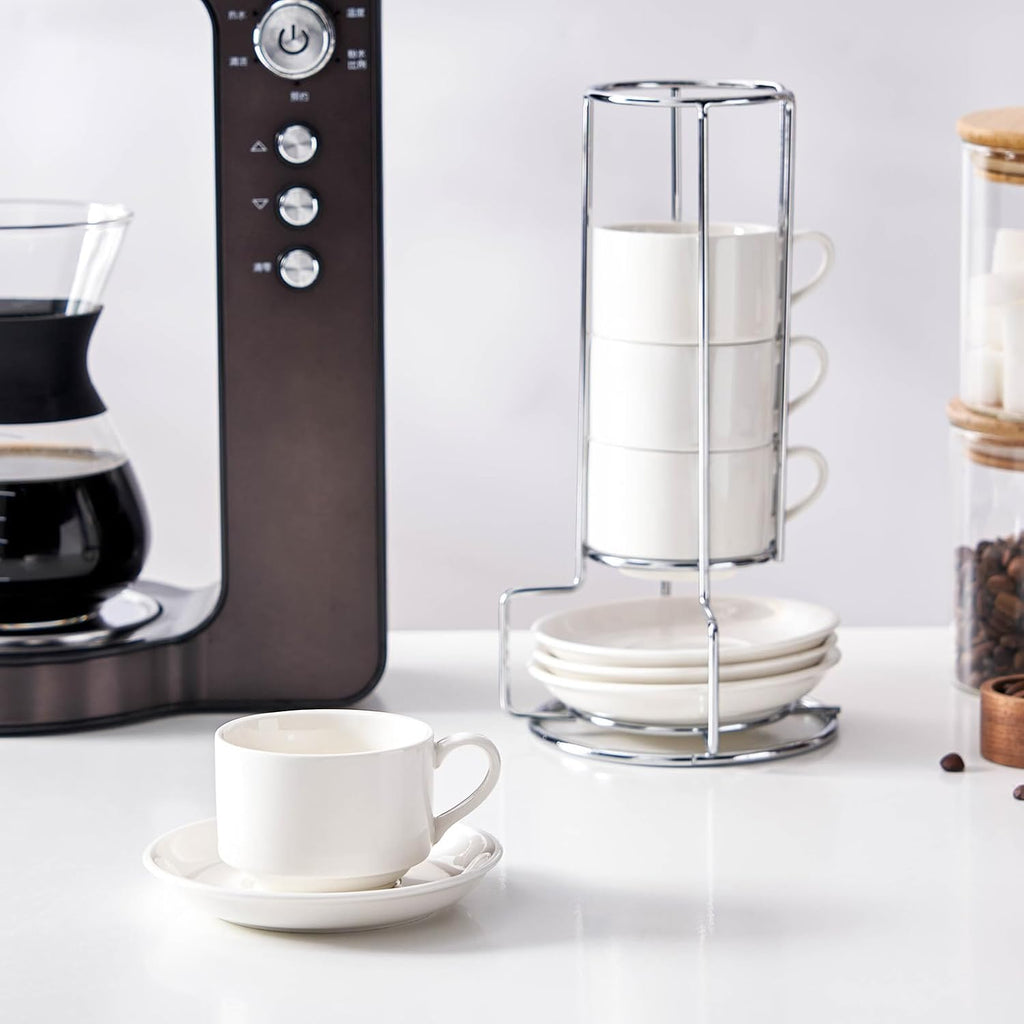 2.5 Ounce Porcelain Espresso Cups with Saucers and Silver Stand, White Stackable Cups Set of 4