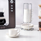 2.5 Ounce Porcelain Espresso Cups with Saucers and Silver Stand, White Stackable Cups Set of 4