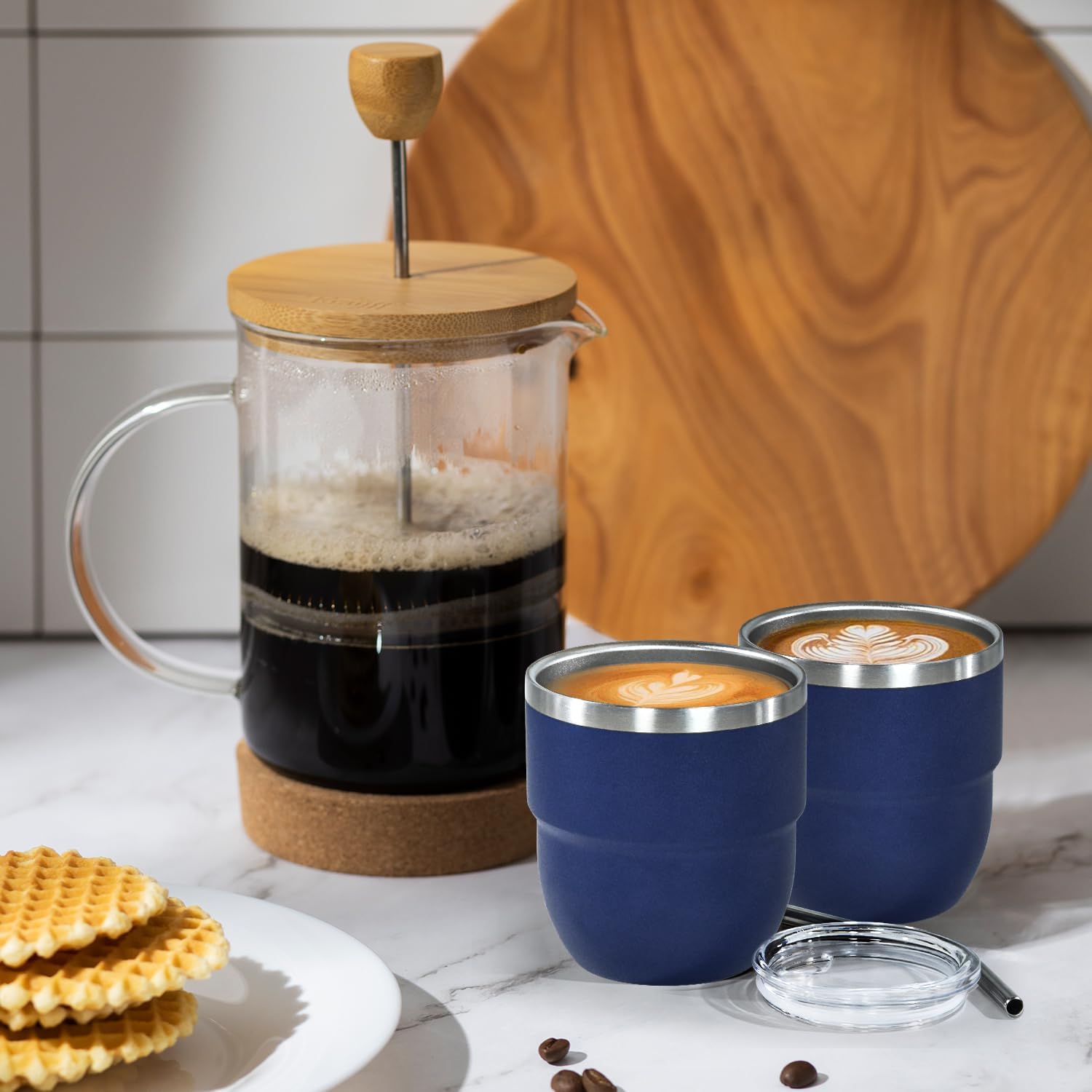 4oz Stackable Cup, Vacuum Insulated Espresso Cup Set of 2, Espresso Shot Glass for Coffee, Double Wall Stainless Steel Mini Tumbler Shot Glasses with Straw and Lid (A-navy2P, 4oz)