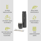 BALIBETOV Complete Yerba Mate Set - Modern Mate Gourd, Thermal Flask, Bombilla and Cleaning Brush Included - All Premium Quality 304 18/8 Stainless Steel (Full Black)