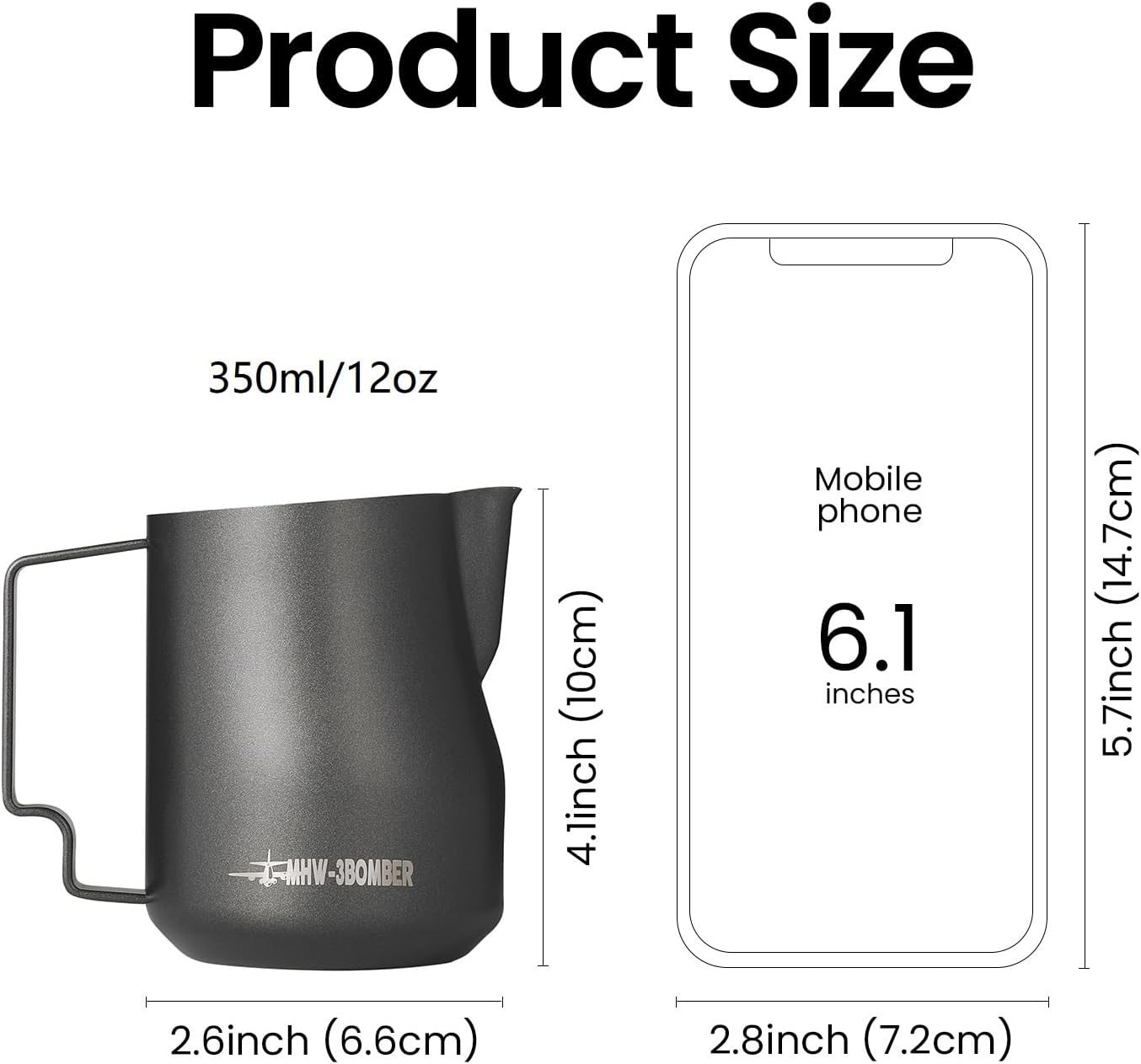 MHW-3BOMBER Milk Frothing Pitcher 12oz/350ml Milk Frother Cup Espresso Steaming Pitcher Stainless Steel Milk Frother Cup Barista Latte Art Round Spout Latte Art Pitcher P7121S