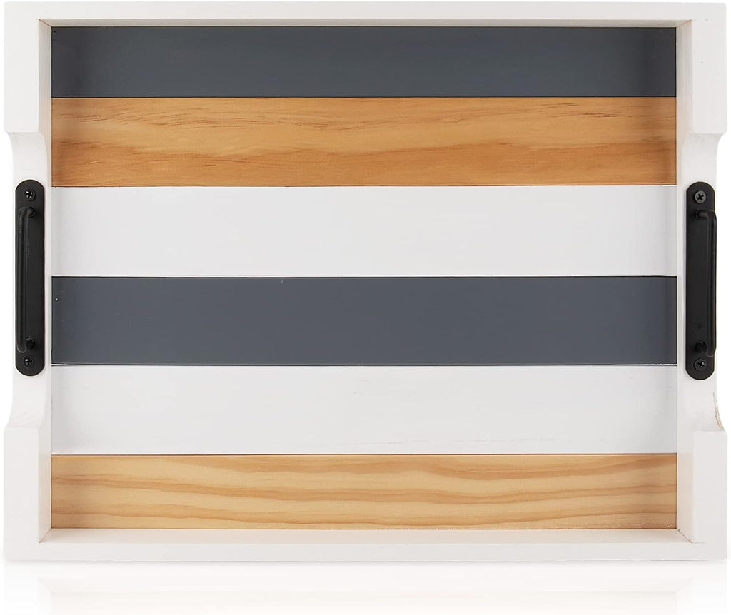 Wood Serving Tray with Metal Handle for Ottoman, Modern Rectangle Coffee Table Tray for Food Eating, White Decorative Tray, Size 17''x13'', Multicolor