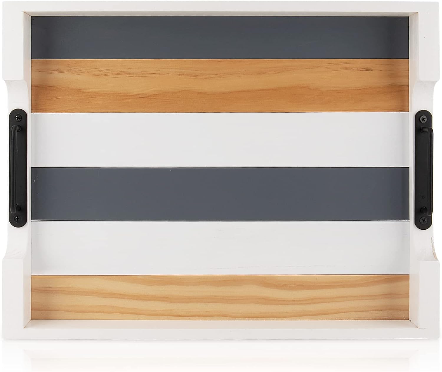 Wood Serving Tray with Metal Handle for Ottoman, Modern Rectangle Coffee Table Tray for Food Eating, White Decorative Tray, Size 17''x13'', Multicolor