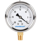 Glycerin Filled Pressure Gauge with 304 Stainless Steel Case, 2.5" Dial Size, 30InHg/0, High Accuracy, 1/4" NPT Center Lower Mount with Single Scale…