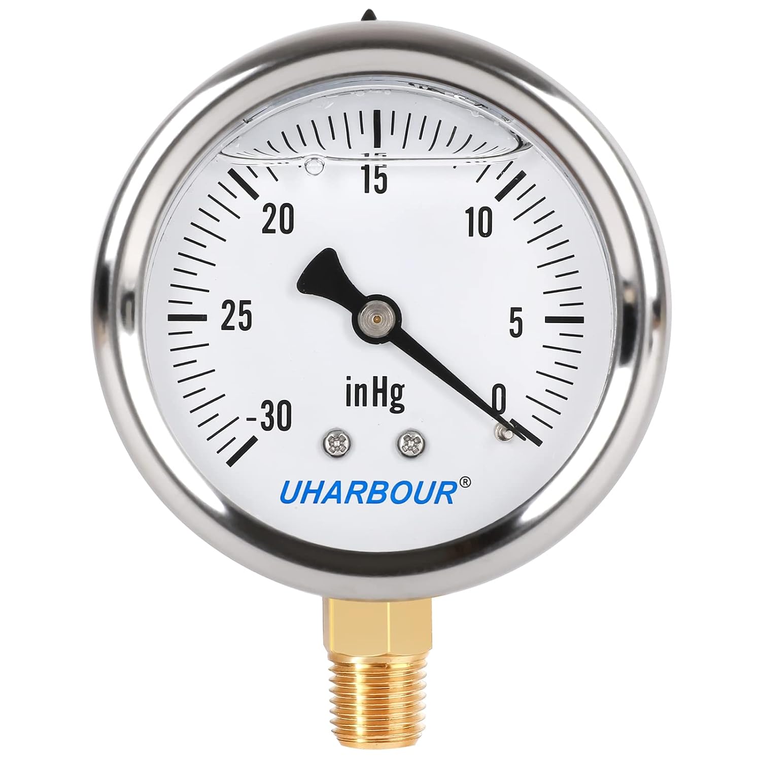 Glycerin Filled Pressure Gauge with 304 Stainless Steel Case, 2.5" Dial Size, 30InHg/0, High Accuracy, 1/4" NPT Center Lower Mount with Single Scale…