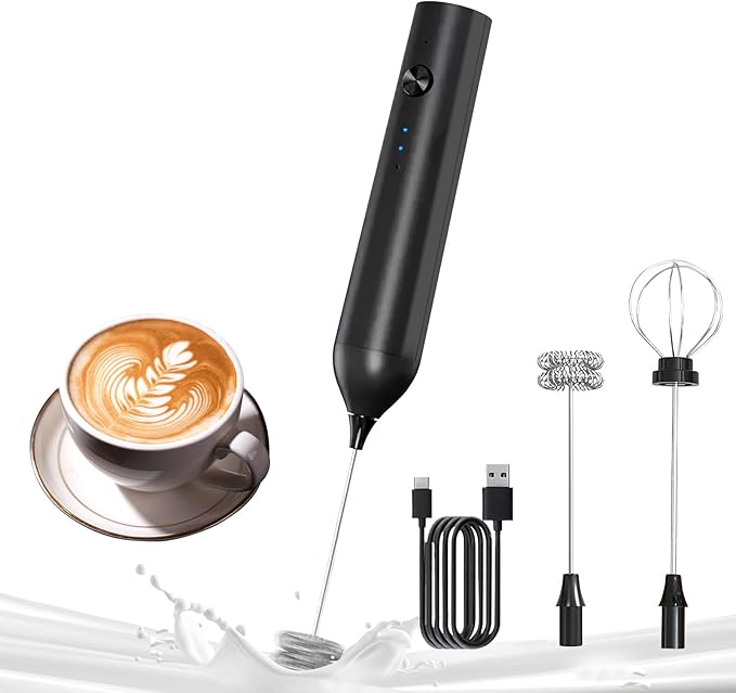 YARRAMATE Electric Milk Frother Wand, Fast Rechargeable Coffee Mixer with 2 Heads 3 Speeds, Handheld Drink Stirrer, Whisk Foam Maker for Lattes, Cappuccino, Matcha, Hot Chocolate (Black)