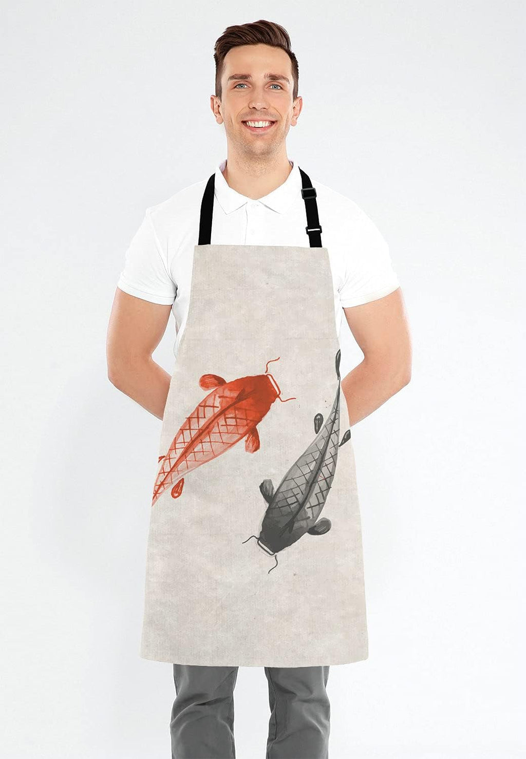 Red and black hand drawn with ink in traditional Japanese Adjustable Bib Apron Kitchen Cooking Baking Gardening Apron for Women Men