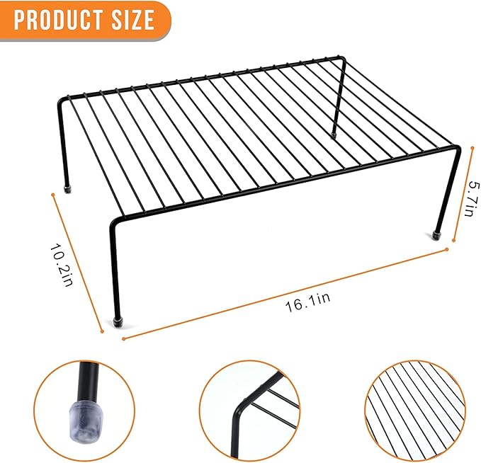 Large Cabinet Storage Shelf Rack (16.1 x 10.2 Inch), Kitchen Counter Organizer, Fridge and Bathroom Cupboard Storage Rack (Black, 2)