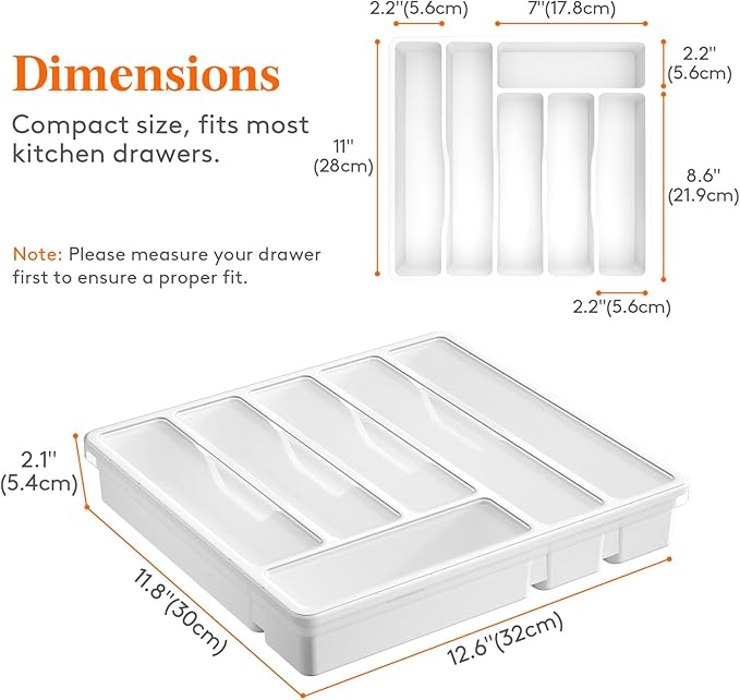 Lifewit Silverware Organizer with Lid, Covered Utensil Tray for Kitchen Drawer and Countertop, Plastic Cutlery and Flatware Storage Box for Spoons Forks Knives Holder Case, 6 Compartments, White