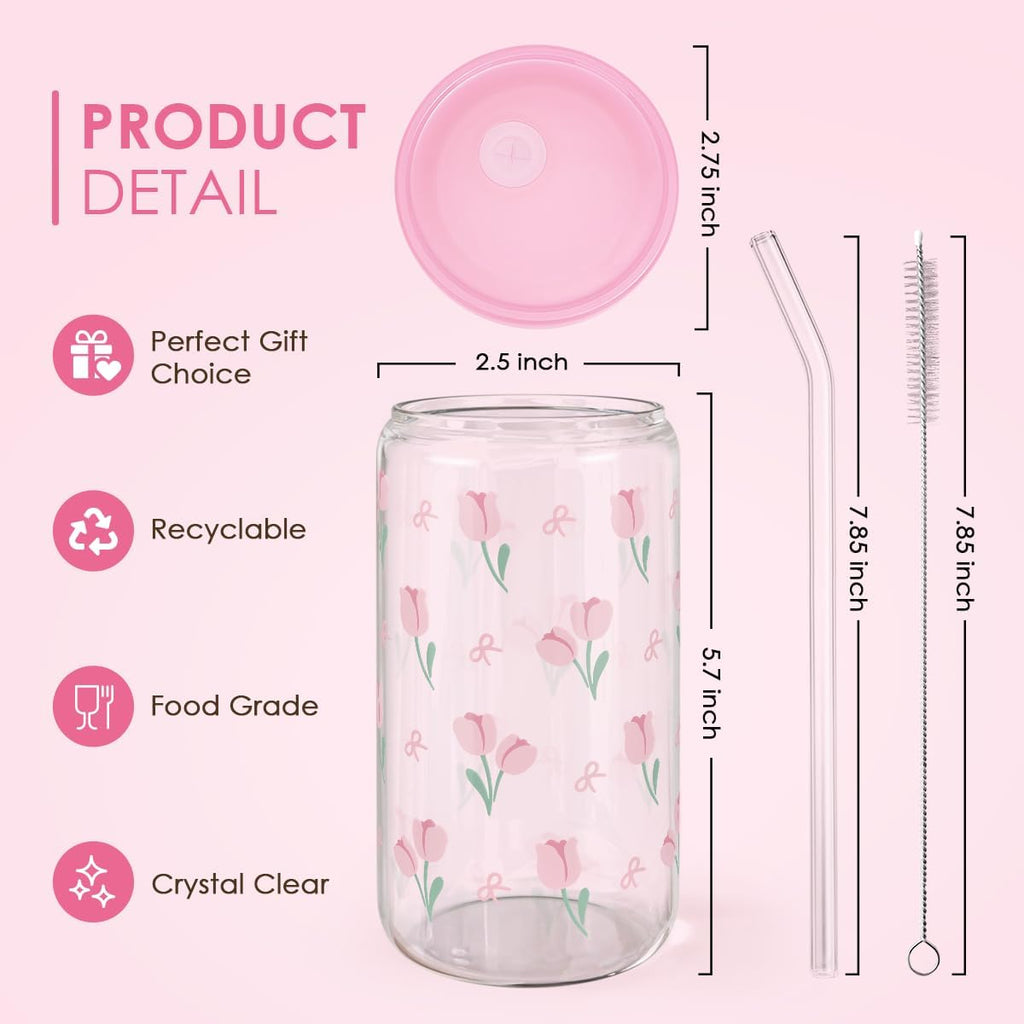 SANDJEST Floral Glass Can, Tulip Iced Coffee Aesthetic Cup, Gift for Christmas Birthday, Gifts for Women Girls, 16oz