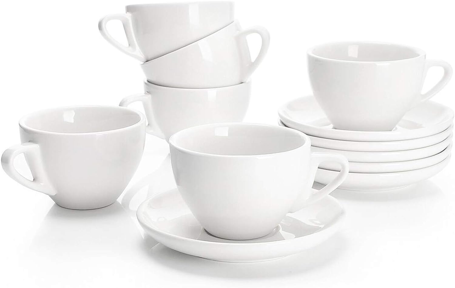 Sweese 6 Ounce Cappuccino Cups with Saucers, Porcelain Double Espresso Cups Set of 6 - White