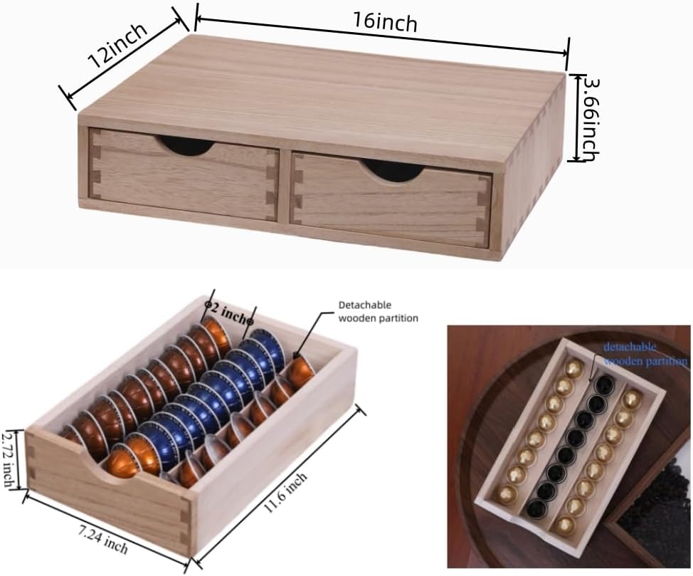 Storage Drawer Holder for Capsules Coffee Pod K-cup Organizer /2 Drawers for Counter Organization for Kitchen Utensil Storage Home Decor Office Supplies- Coffee Brewer Accessories Wood 1D2C-LT