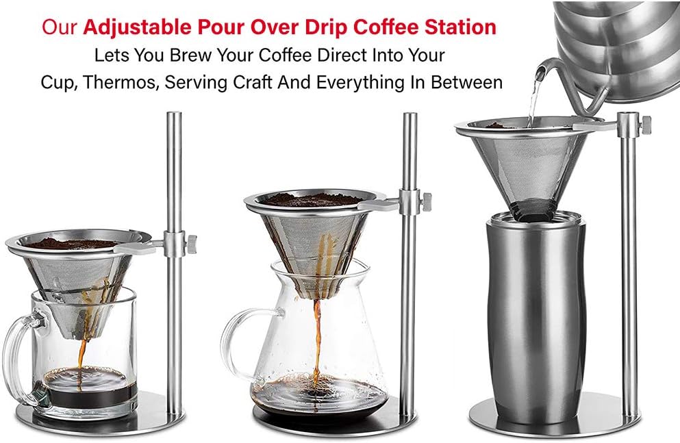 Pour Over Coffee Dripper, Stainless Steel Coffee Filter, Cone Coffee Dripper with Adjustable Pour Over Drip Coffee Stand