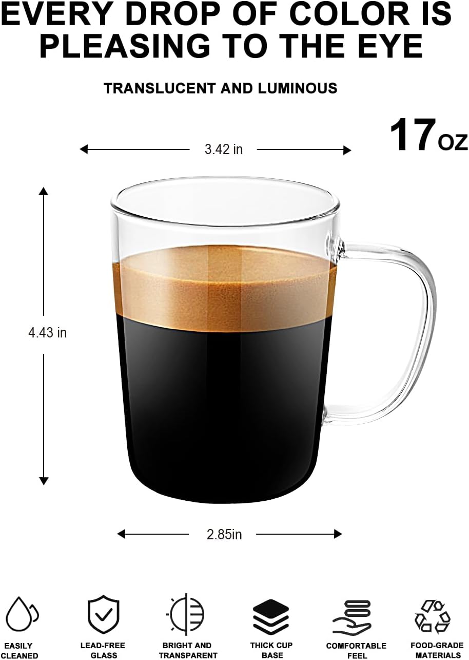 LUXU Glass Coffee Mugs(Set of 2)-17 oz,Clear Beer Mugs,Glass Tea Cups with Comfortable Handle,Lead-free Drinking Glasses,Perfect for Latte,Espresso,Juice,Water,Milk or Hot and Cold Beverage