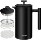Secura French Press Coffee Maker with 3-Layer Stainless Steel Filter, 34 oz Black, Double-Walled Insulated Design with 2 Extra Filters