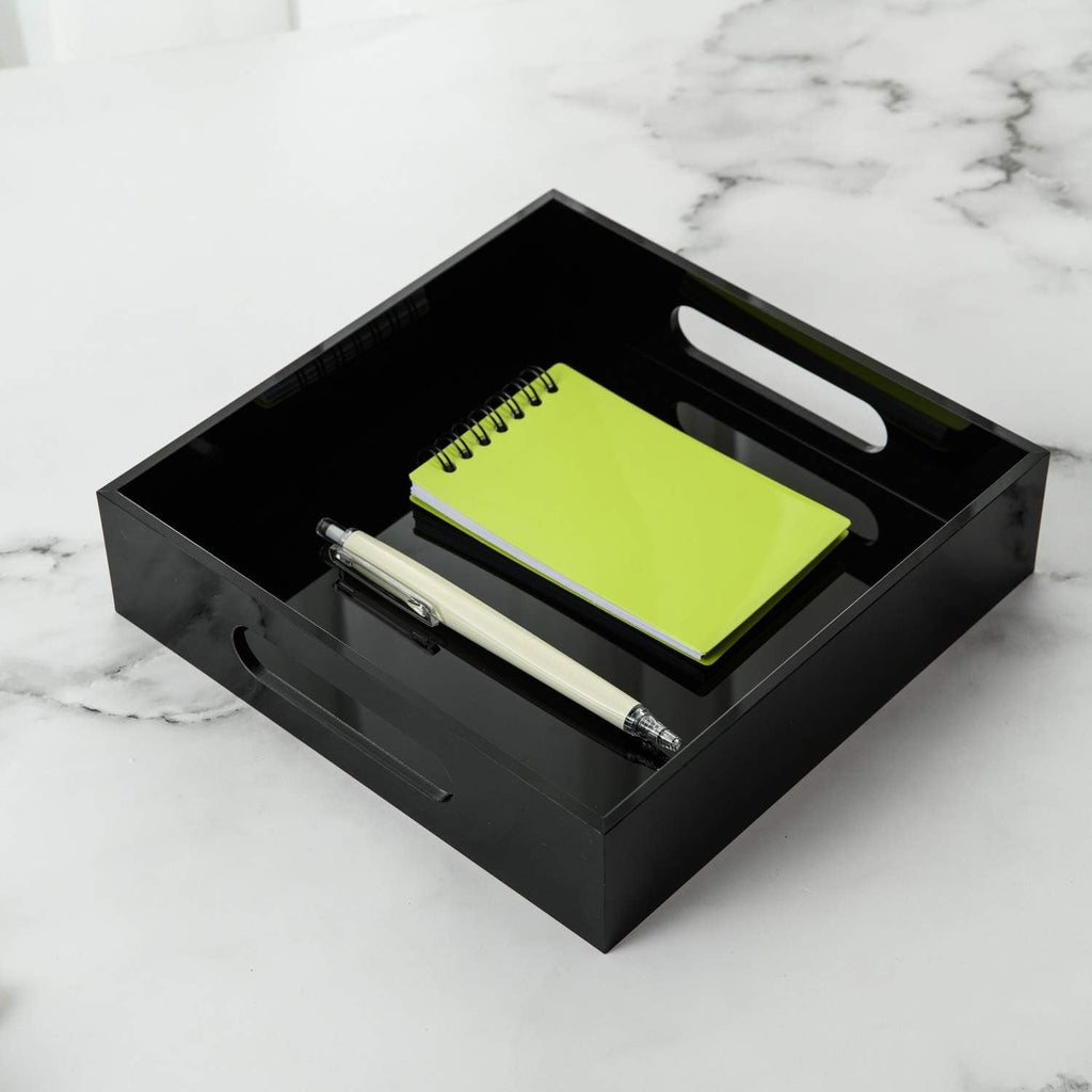 Black Sturdy Acrylic Tray with Handles-8x8 Inch- Countertop Organizer Tray for Kitchen,Bathroom,Office- Storage Box for Cosmetics, Jewelry,Toiletries,Toy,Gadgets