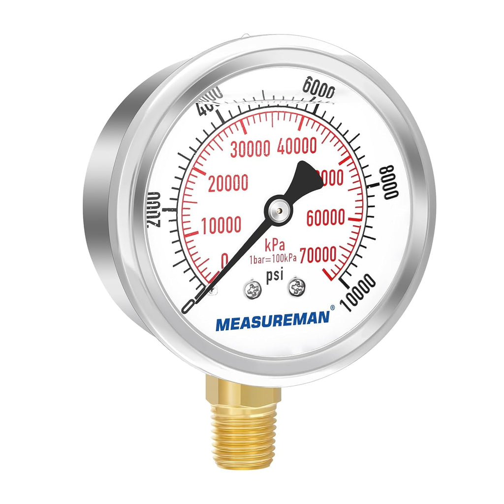 MEASUREMAN 2-1/2" Dial Size, Glycerin Filled Pressure Gauge, 0-10000psi/kpa, 304 Stainless Steel Case, 1/4" NPT Lower Mount