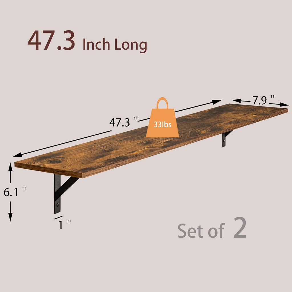 DINZI LVJ Long Wall Shelves, 47.3Inch Floating Shelves Set of 2, Extra Large Wall Storage Ledges with Sturdy Metal Brackets for Living Room, Bathroom, Bedroom, Kitchen, Rustic Brown