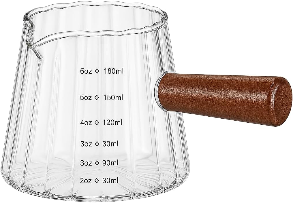 Espresso Cups 6oz/180ml Measuring Cups Glass Espresso Shot Cups Ribbed Espresso Shot Glass with Wooden Handle,Coffee Bar Accessories Milk Frothing Pitcher