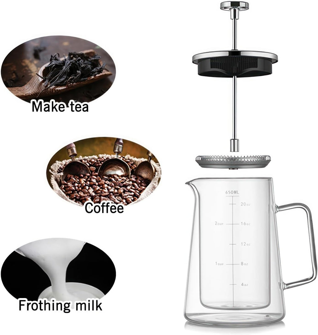French Press Coffee Maker 22Oz - Double-Wall Insulated Borosilicate Glass - Ergonomic Handle - Coffee Gift - Tea & Coffee Press