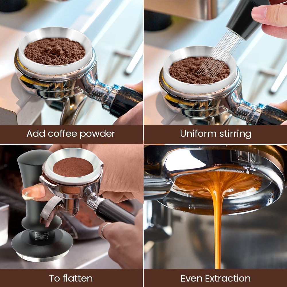 51mm Espresso Accessories Kit:Spring Loaded Calibrated Tamper,WDT Tool Espresso,Magnetic Dosing Funnel,Distribution Needle,Latte Art Pin,Fits Espresso Coffee Machines