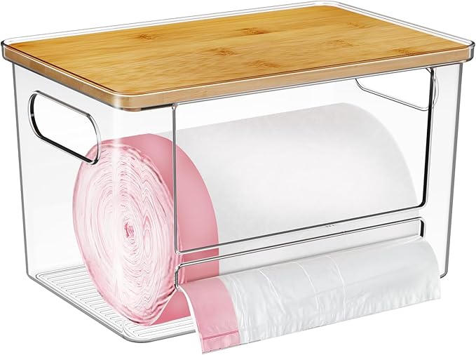 Trash Bag Holder, Acrylic Garbage Bag Dispenser with Bamboo Top, Extra Large Trash Bags Dispenser Under Sink for Kitchen, Pantry, Laundry Room, Cabinet Organizer and Storage (1 PACK)
