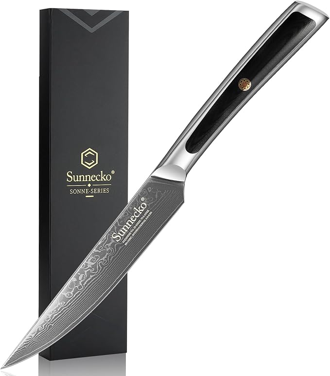 Sunnecko Kitchen Steak Knife 5 Inch Damascus Steak Knife VG-10 Japanese Steel, Non Serrated Steak Knives Full Tang