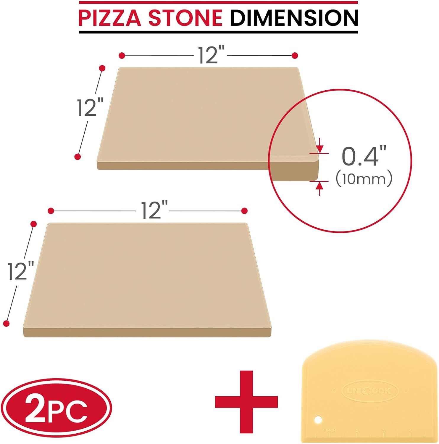 Unicook 2 PCS Pizza Stones Set, 12 Inch Square Pizza Stone for Oven and Grill, Cordierite Baking Pan for Crispy Crusts, Thermal Shock Resistant, Including Dough Scraper