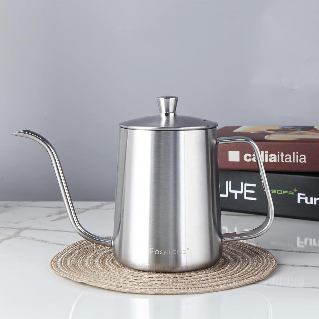 Easyworkz Gage Gooseneck Pour Over Coffee Kettle 12 oz Stainless Steel Hand Drip Long Narrow Spout, Silver