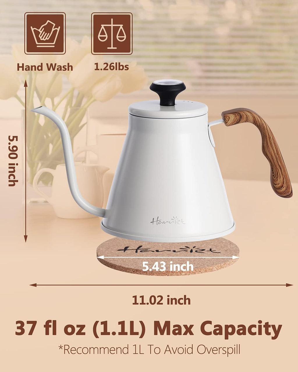 Harriet Gooseneck Kettle with Thermometer for Pour Over Coffee and Tea, 37 fl oz, Stainless Steel, Durable 3-Layer Base, Ideal Spout for Precision Pouring, Compatible with all Stove Tops, White