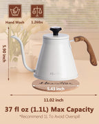 Harriet Gooseneck Kettle with Thermometer for Pour Over Coffee and Tea, 37 fl oz, Stainless Steel, Durable 3-Layer Base, Ideal Spout for Precision Pouring, Compatible with all Stove Tops, White