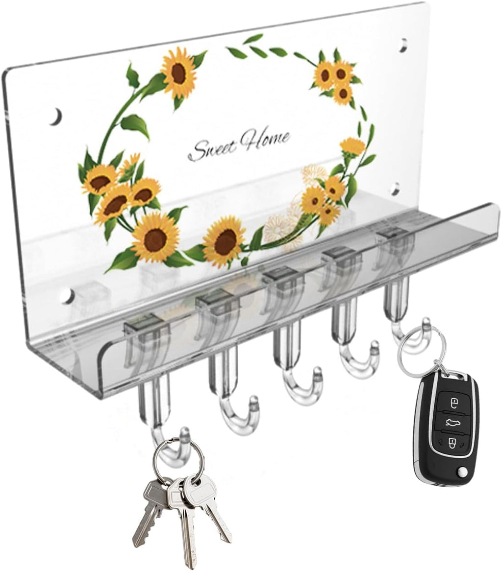 Sunflower Key Holder Wall Mount, Transparent Acrylic Wall Mail Key Organizer Shelf with 5 Hooks Tray for Keys, Mail, Bags Home Decor Key Rack Hanger, Easy Install
