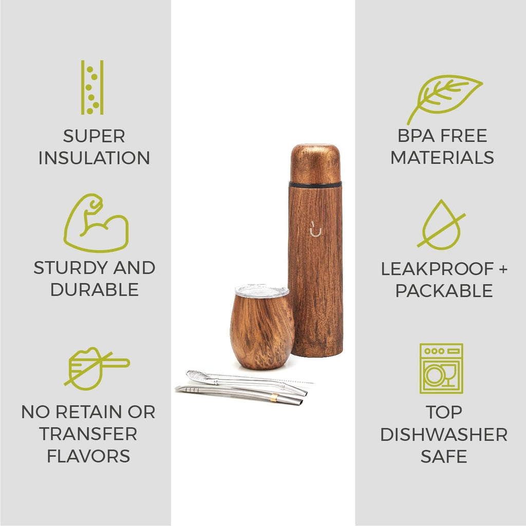 BALIBETOV Complete Yerba Mate Set - Modern Mate Gourd, Thermal Flask, Bombilla and Cleaning Brush Included - All Premium Quality 304 18/8 Stainless Steel (Wood)