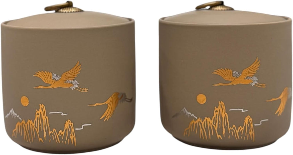 Bare & Balanced Premium Ceramic Tea Canister Set – Handcrafted Storage Jars with Airtight Lids | Crane & Mountain Design | Ideal for Tea, Coffee, Spices | Gift-Ready Box (Light beige)