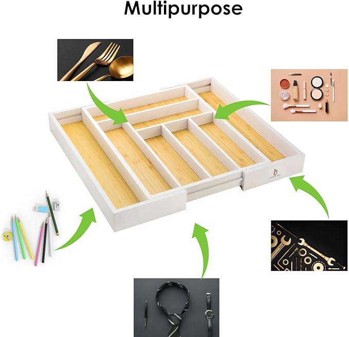 Cozee Bay Bamboo drawer organizer, utensil holder, silverware organizer, and adjustable cutlery tray with drawer dividers, for kitchen, office desk, and bathroom storage (White)