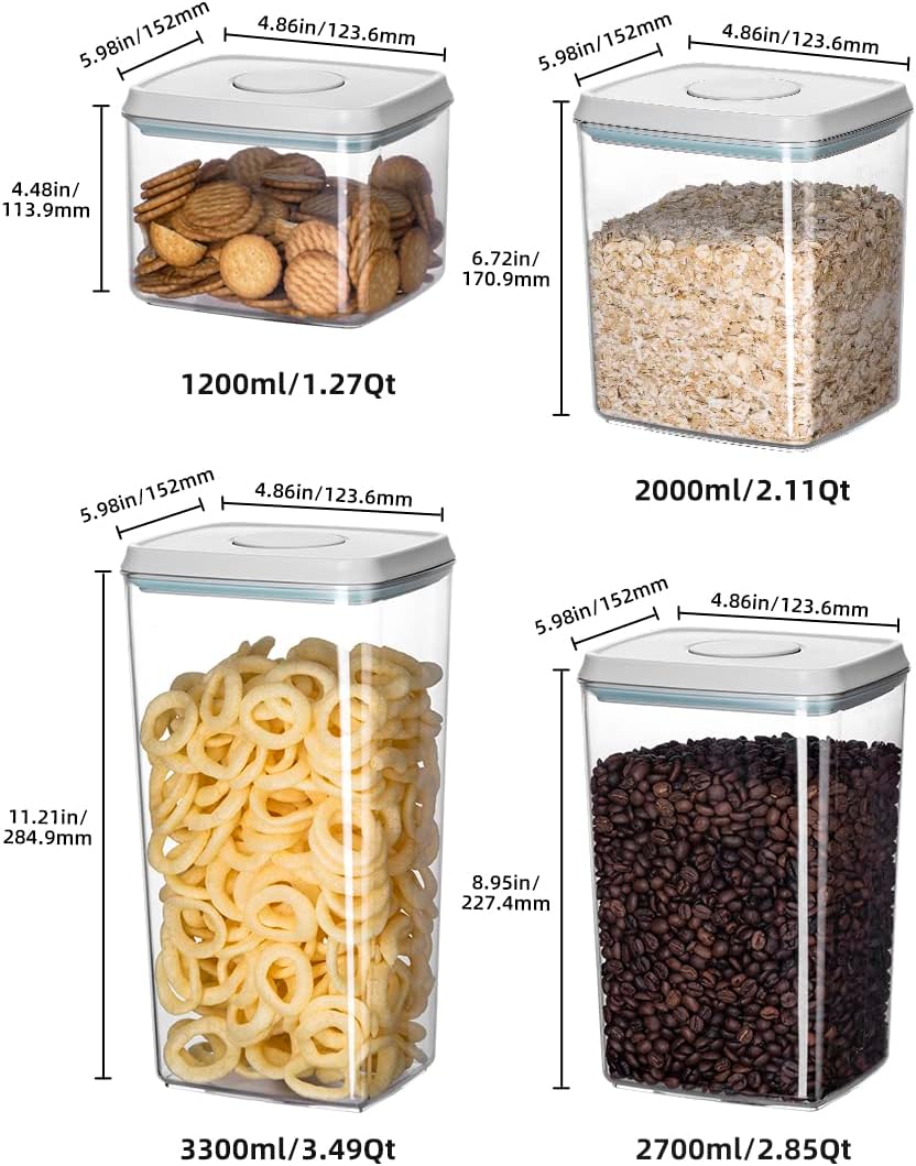12 Pcs Pop Airtight Food Storage Containers with Lids for Kitchen Pantry Organization Stackable Cereal Snacks Flour Sugar Coffee Spaghetti (1.2, 2.0, 2.7, 3.3qt)*3