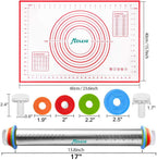 Rolling Pin and Silicone Baking Pastry Mat Set, Stainless Steel Dough Roller, Rolling Pins with Adjustable Thickness Rings, for Baking Fondant, Pizza, Pie, Pastries, Pasta, Cookies
