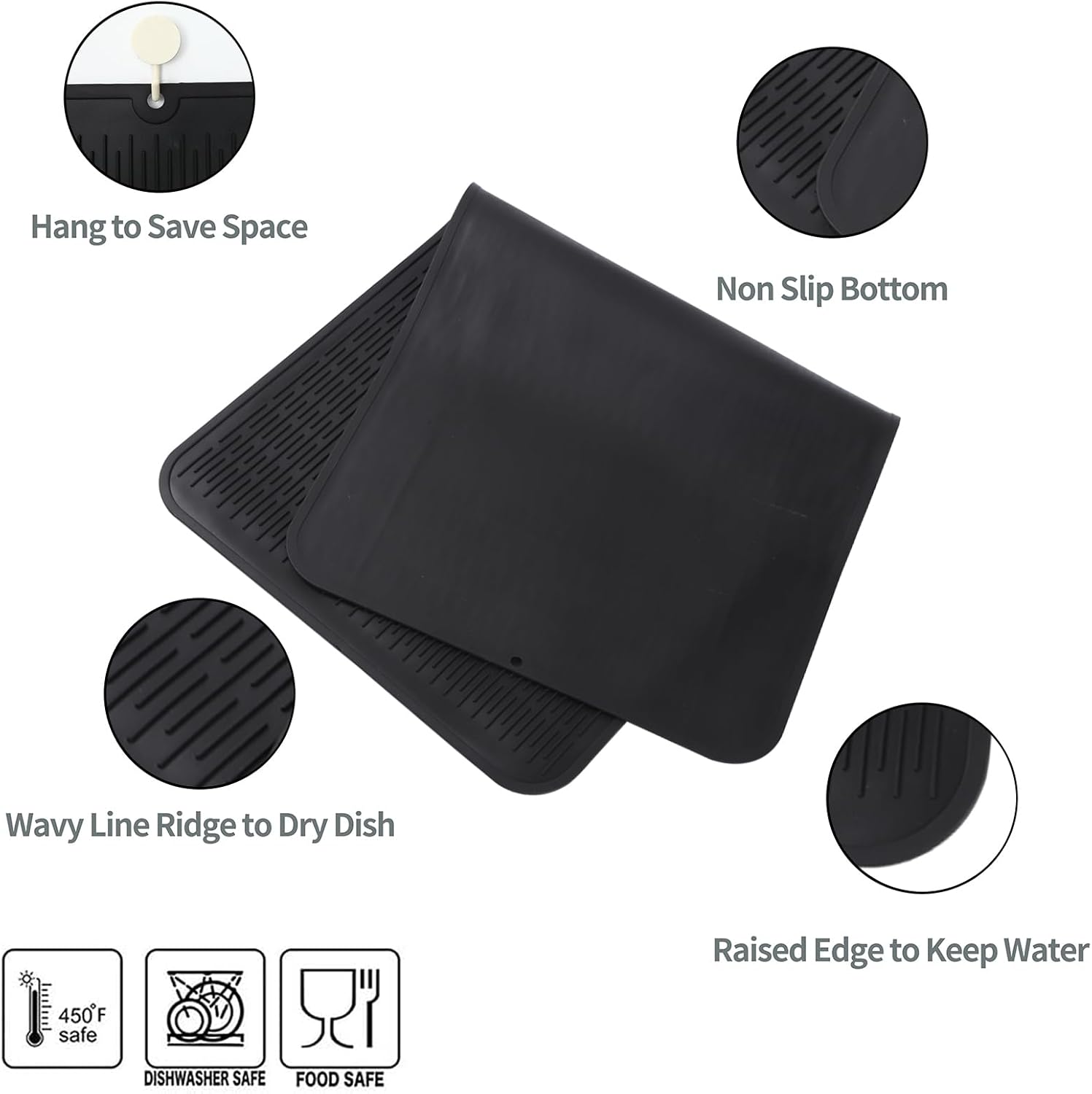 Silicone Dish Drying Mat for Multiple Usage,Easy clean,Eco-friendly,Heat-resistant Silicone Mat for Kitchen Counter or Sink,Refrigerator or Drawer Liner Black 5XL 36inches x 18inches