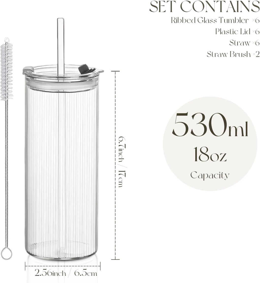 KEMORELA 6-Pack 18oz Ribbed Glass Cups with Lids & Straws – Round Textured Drinking Glasses for Iced Coffee, Bubble Tea, Juice & Smoothies – Reusable Clear Tumblers with Leakproof Lids & Straws