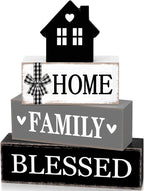 Rustic Farmhouse Table Decor Blessed Signs for Home Decor Neutral Home Family Wood Sign Black and White Modern Tabletop Centerpiece for Kitchen Shelf Desk Tiered Tray Decoration