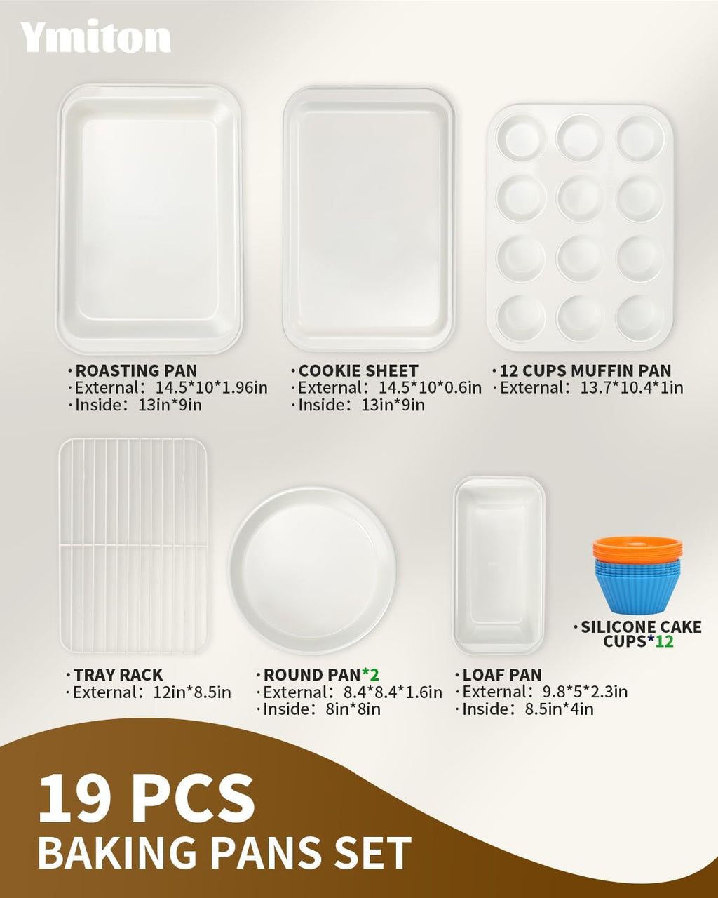 Nonstick Baking Pans Set, 19 PCS Stackable Bakeware Sets, Oven Pan Set Includes Baking Tray, Cookie Sheet, Cake Pans, Loaf Pan, Muffin Pan, Silicone Cups