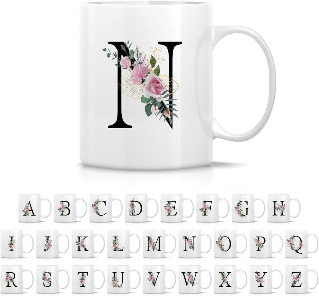 Retreez Initial A-Z Floral Botanical Bouquet Alphabet Monogrammed Monogram Mug 11 Oz Ceramic Tea Coffee Mugs - Appreciation Thank You Wedding Birthday Gifts for her friend coworker sister - N Initial