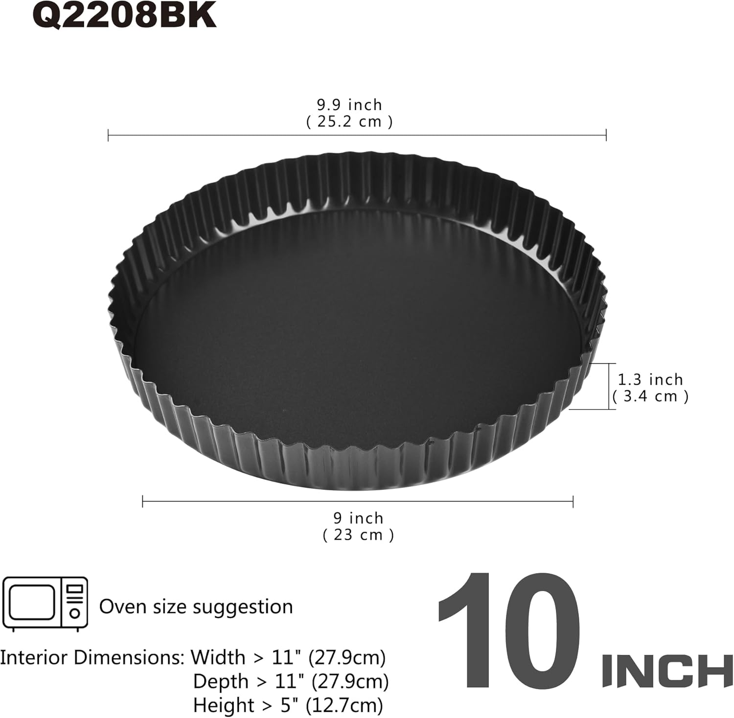 10-Inch Round Tart Pan with Loose Removable Bottom, Non-Stick Carbon Steel Quiche Pan for Oven Baking (Black)